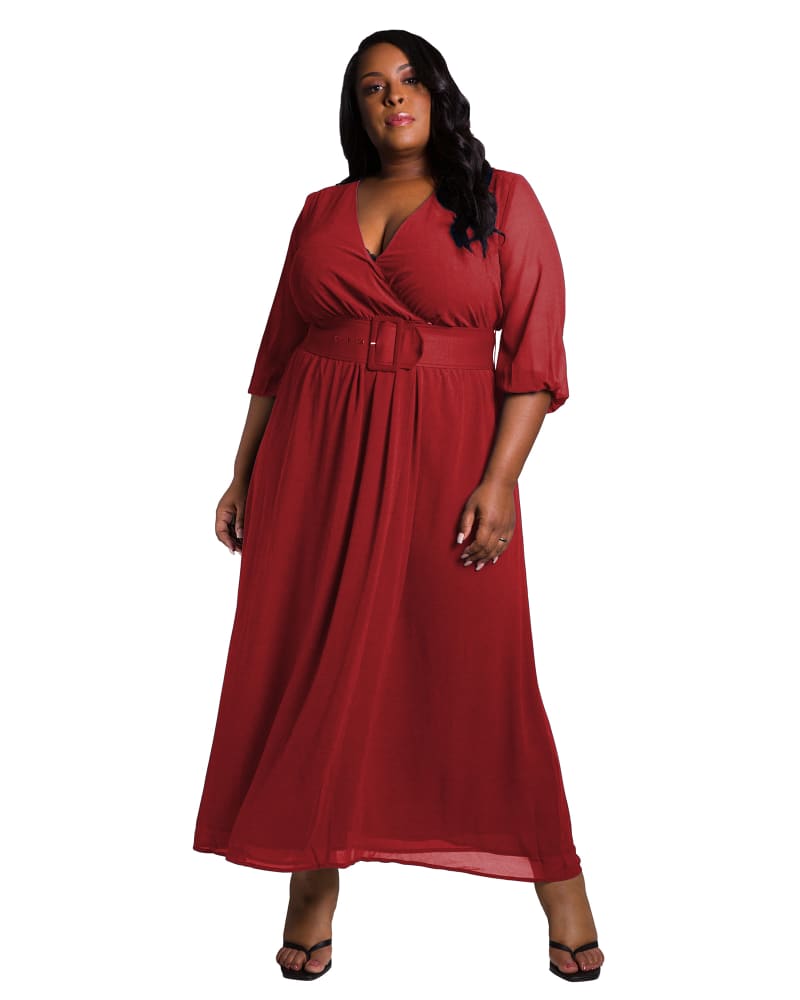 Front of a model wearing a size L Kathy Belted Surplice Maxi Dress in Sunset by Poetic Justice. | dia_product_style_image_id:280932